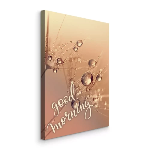 Tableau  Des pissenlits beiges couverts de rosée et les mots « bonjour »