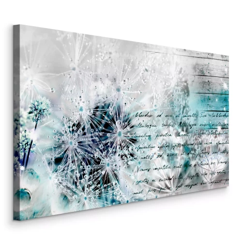 Tableau  Pissenlits couverts de rosée sur un fond de bois aux tons froids