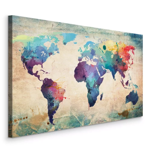 Tableau  Carte du monde artistique et colorée avec un effet de vieux papier