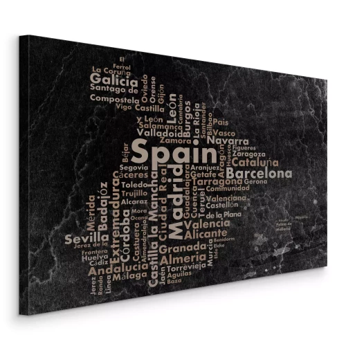 Tableau  Une carte de l'Espagne composée de mots agencés sur un fond sombre.