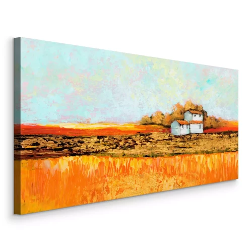 Tableau  Maisons se détachant sur fond de champs dorés et orangés.
