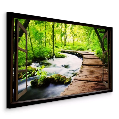 Tableau  Fenêtre en bois ouverte sur la rivière dans la forêt