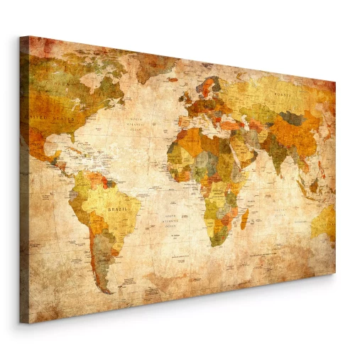 Tableau  Une carte du monde vintage abîmée, avec les noms des continents.