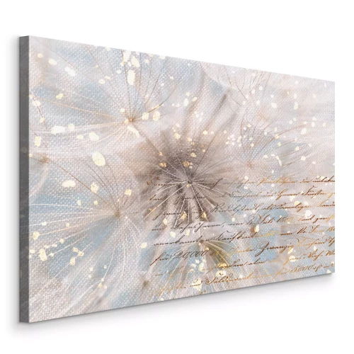 Tableau  Pissenlits sur fond bleu avec texte et lumière