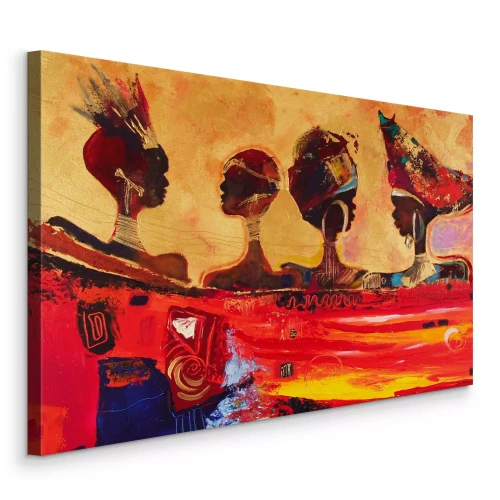 Tableau  Profils de femmes africaines sur fond rouge et or