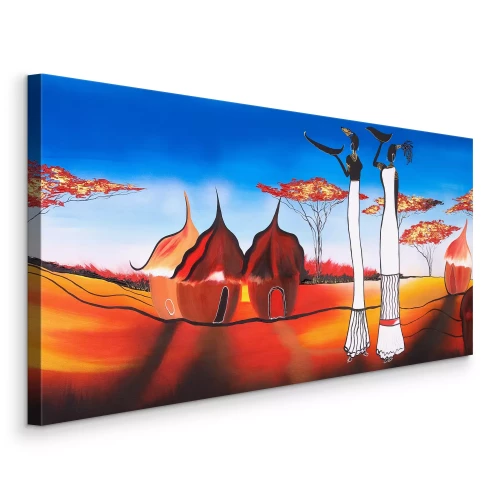 Tableau  Femmes dans des huttes traditionnelles d'un paysage africain