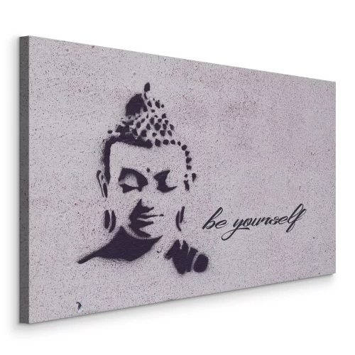 Tableau  Graffiti représentant un visage de Bouddha avec le texte « Sois toi-même »