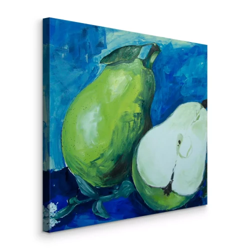 Tableau  Poires vertes peintes sur fond bleu