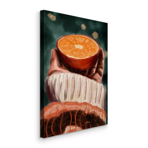 Tableau  Une orange dans une main sur fond sombre