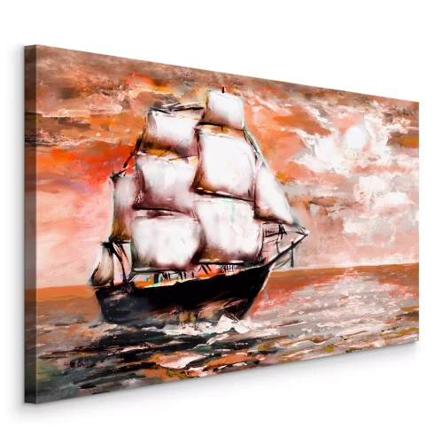 Tableau  Un voilier en mer sur fond de ciel orangé