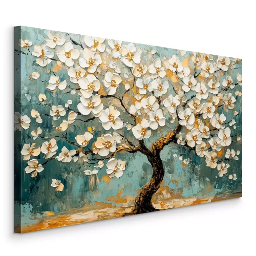Tableau  Arbre avec des fleurs en 3D sur fond turquoise