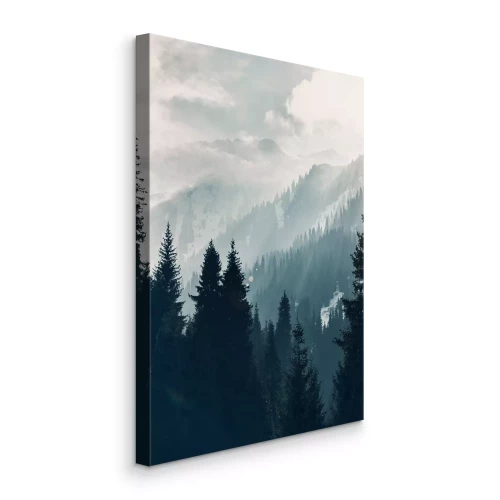 Tableau  Paysage de montagne brumeux avec forêt au lever du soleil