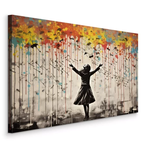 Tableau  Jeune fille sous une pluie colorée, dans le style de Banksy.