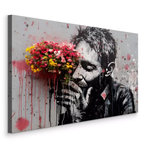 Tableau  Graffiti représentant un homme et de vraies fleurs