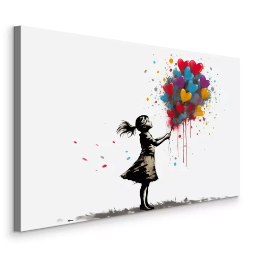 Tableau  Une fille avec des ballons colorés en forme de cœur
