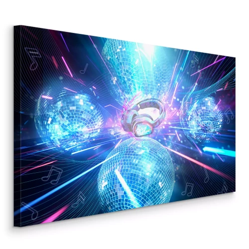 Tableau  Scène bleue avec boules disco et casques audio