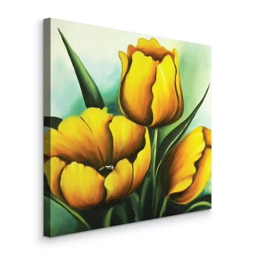 Tableau  Trois tulipes jaunes dans un style pictural sur fond vert