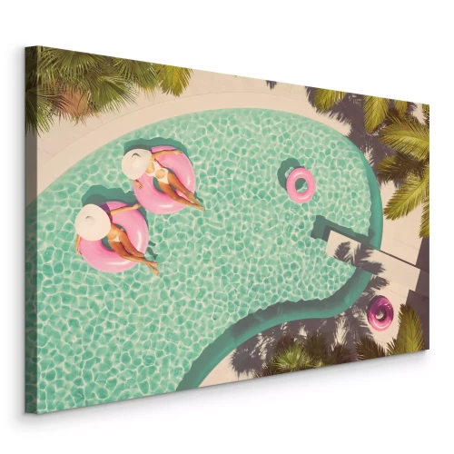 Tableau  Vue de dessus de la piscine et des femmes en cerceaux roses