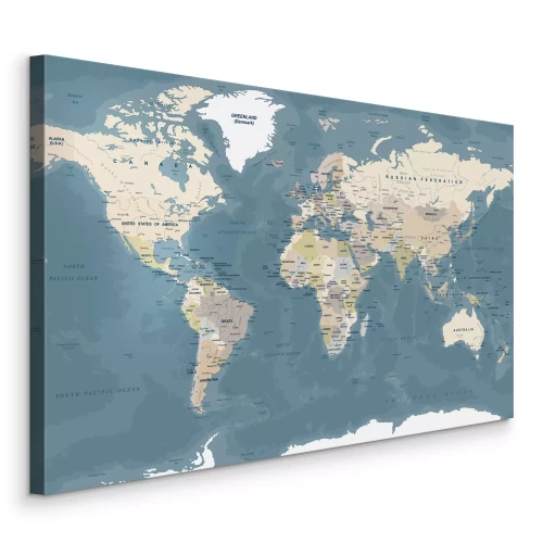 Tableau  Carte du monde détaillée en bleu et beige