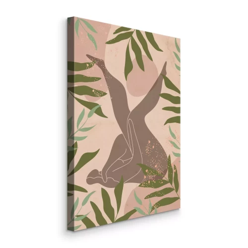 Tableau  Silhouette abstraite d'une femme sur fond beige avec des feuilles.