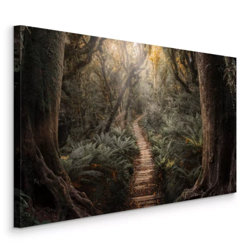 Tableau  Un chemin fait de planches de bois dans une forêt dense