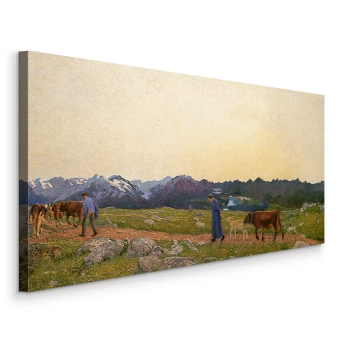 Tableau  Des personnes menant un troupeau de vaches à travers une clairière pittoresque dans les montagnes