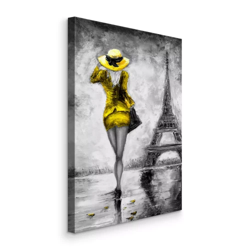 Tableau  Croquis d'une femme en robe et chapeau, avec la tour Eiffel en arrière-plan.