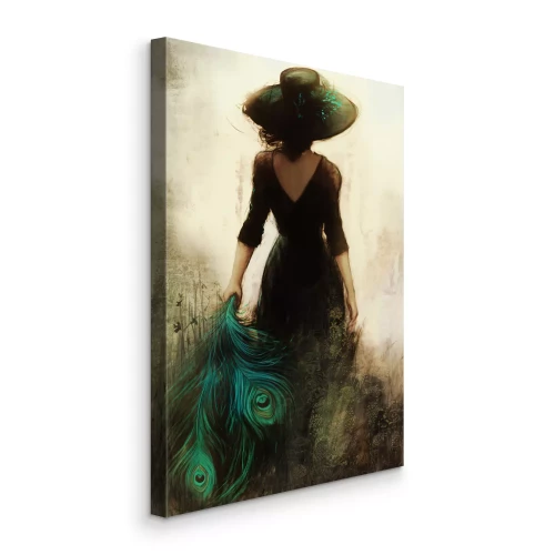 Tableau  Une femme coiffée d'un chapeau orné de plumes de paon a le dos tourné.