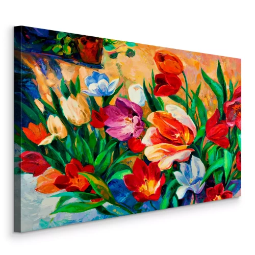 Tableau  Tulipes colorées dans un jardin, dans le style d'une peinture à l'huile
