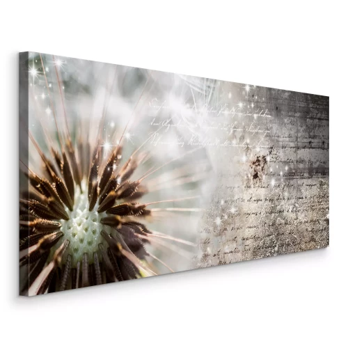 Tableau  Gros plan d'un pissenlit avec un texte en nuances de brun et de gris.