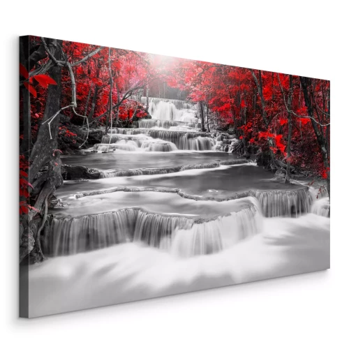 Tableau  Rivière en cascade bordée d'arbres rouges