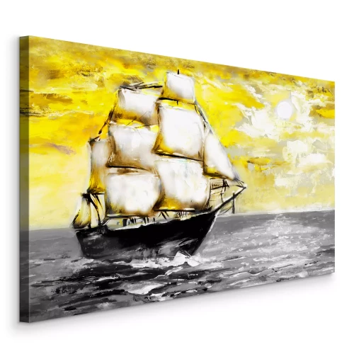 Tableau  Un navire noir à voiles blanches se détachant sur un ciel jaune