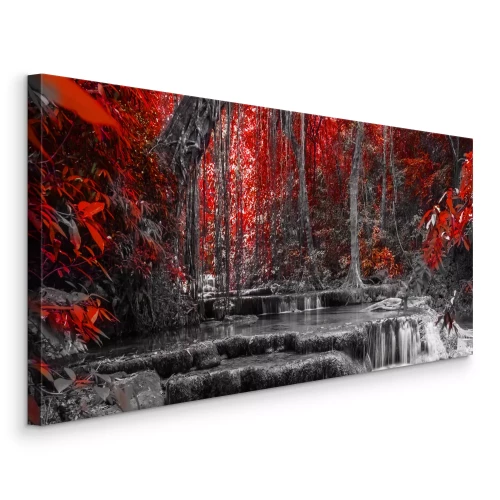 Tableau  Cascade et feuilles d'arbre rouges