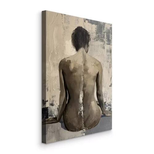 Tableau  Un nu féminin discret, en position assise et de dos.