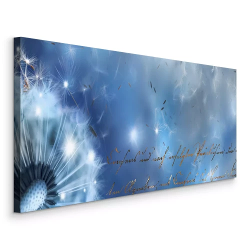 Tableau  Pissenlits flottant sur un fond bleu avec du texte