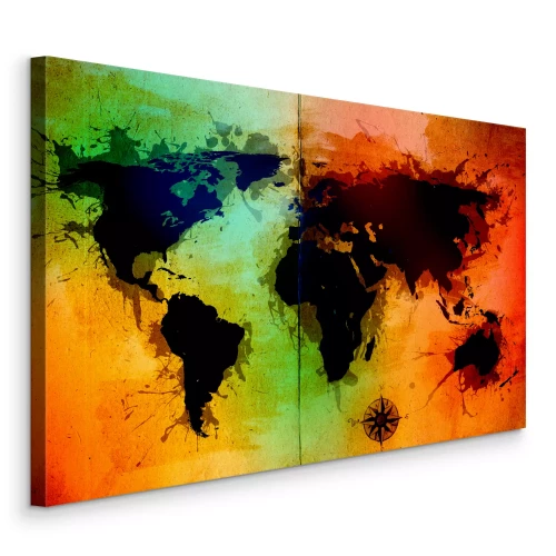 Tableau  Une carte du monde aux couleurs intenses avec des continents noirs.