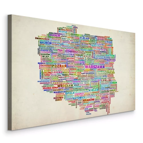 Tableau  Une carte colorée de la Pologne composée de noms de lieux.