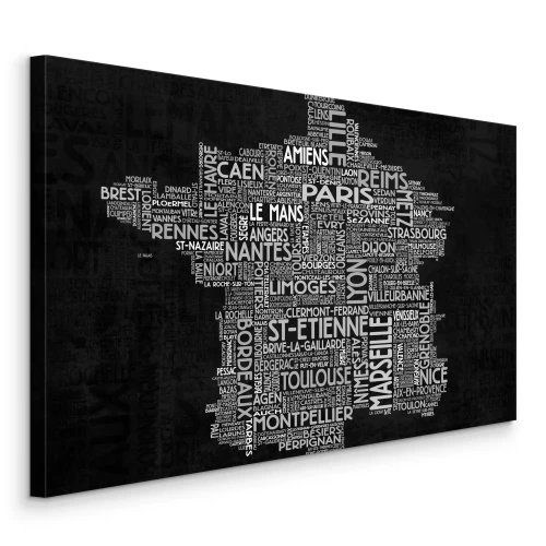 Tableau  Une carte de France composée de noms de villes sur fond sombre.