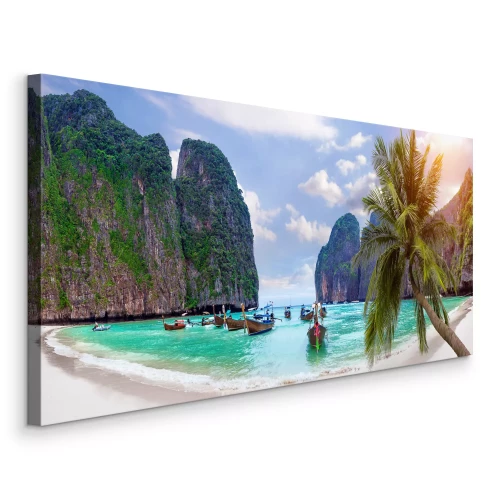 Tableau  Plage tropicale et bateaux entourés de falaises