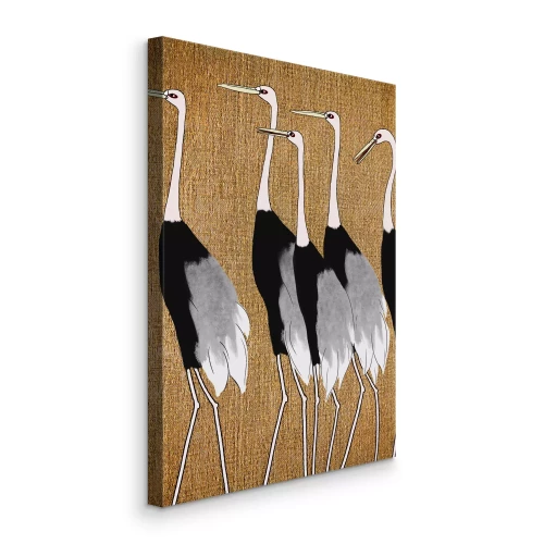 Tableau  Cinq grues japonaises sur un fond texturé en lin