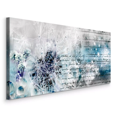 Tableau  Pissenlits dans des tons bleus avec un motif d'écriture