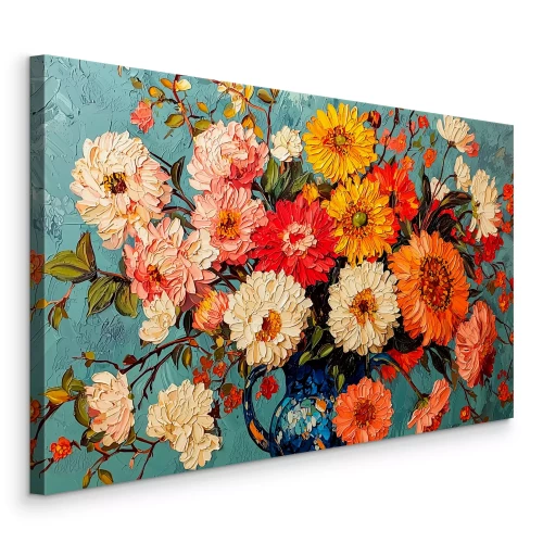 Tableau  Dahlias et chrysanthèmes colorés dans un vase