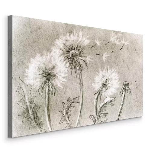 Tableau  Dessin de pissenlits dont les graines s'envolent dans des tons de gris