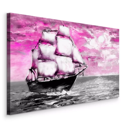 Tableau  Un navire sur une eau calme se détachant sur un ciel rose-violet.