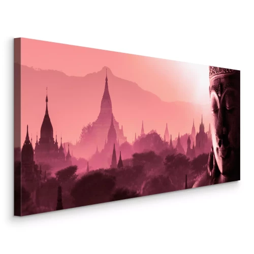 Tableau  Paysage rose avec des temples et un Bouddha de profil.