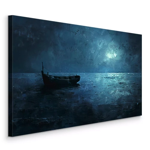Tableau  Tableau d'un bateau sur un lac aux tons sombres