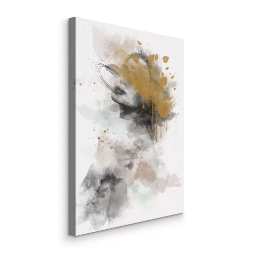Tableau  Abstraction représentant un visage de femme aux couleurs vives et aux reflets dorés.