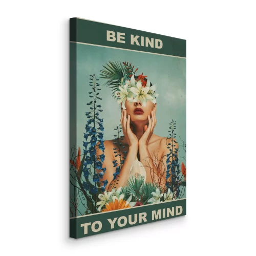 Tableau  Une femme entourée de fleurs et les mots « Prenez soin de votre esprit »