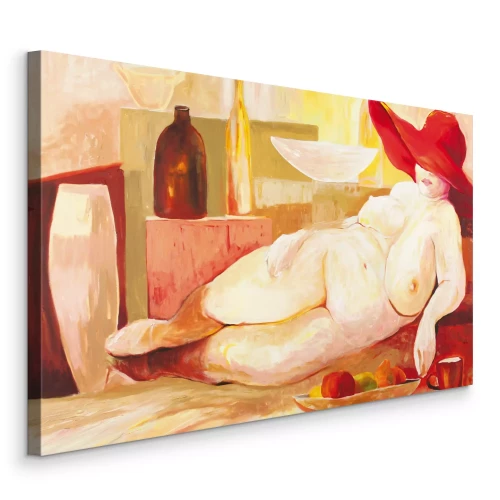 Tableau  Une femme aux formes généreuses portant un chapeau rouge