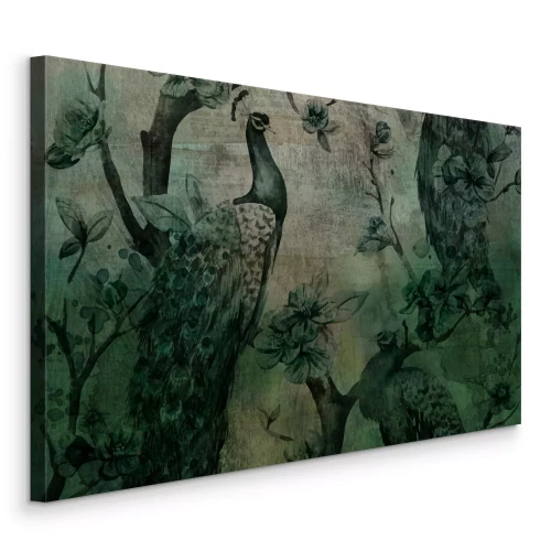 Tableau  Motif vert foncé avec un paon et des fleurs sur un fond texturé